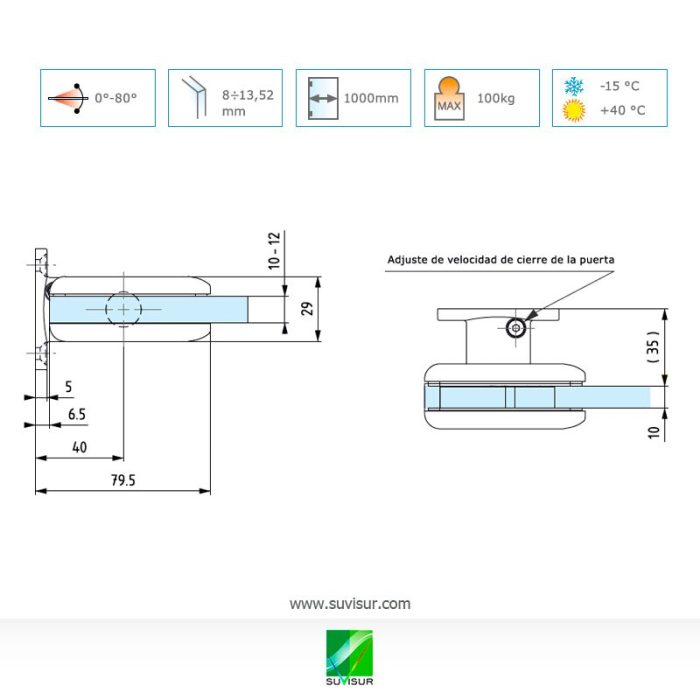 8010B Bisagra pared-vidrio con retorno para puertas interiores