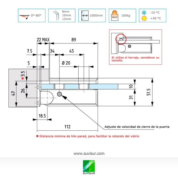 8060B Bisagra pared-vidrio con retorno galce, especial para entornos herméticos