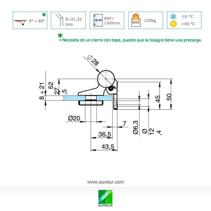 830E10LB Bisagra pared-vidrio hidráulica izquierda para puertas con tope de 0º - 90º - 180º