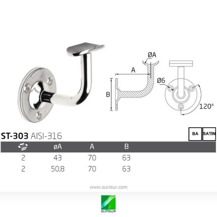 Soporte pasamanos pared tubo redondo ST-303