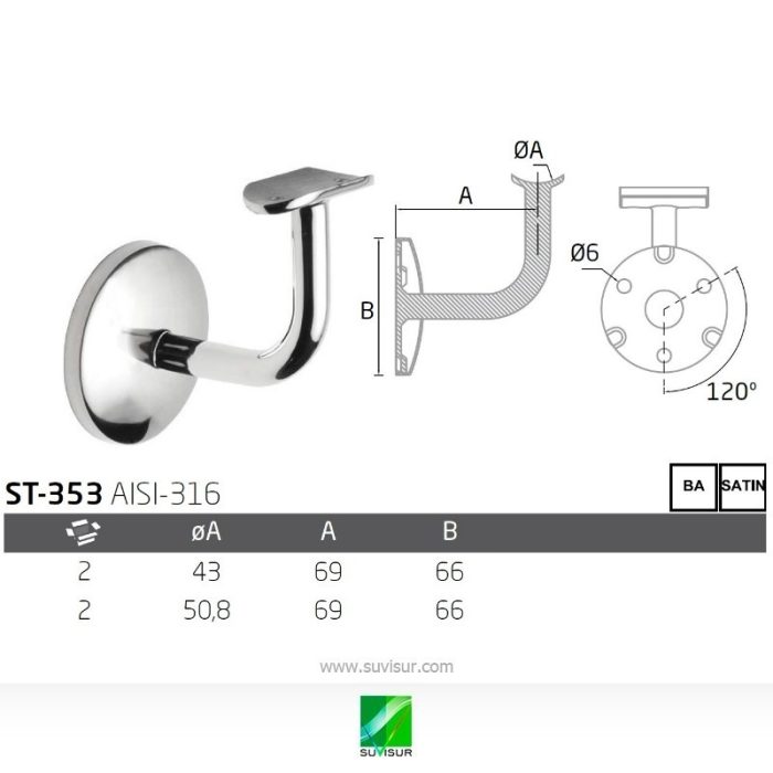 Soporte pasamanos pared tubo redondo ST-353