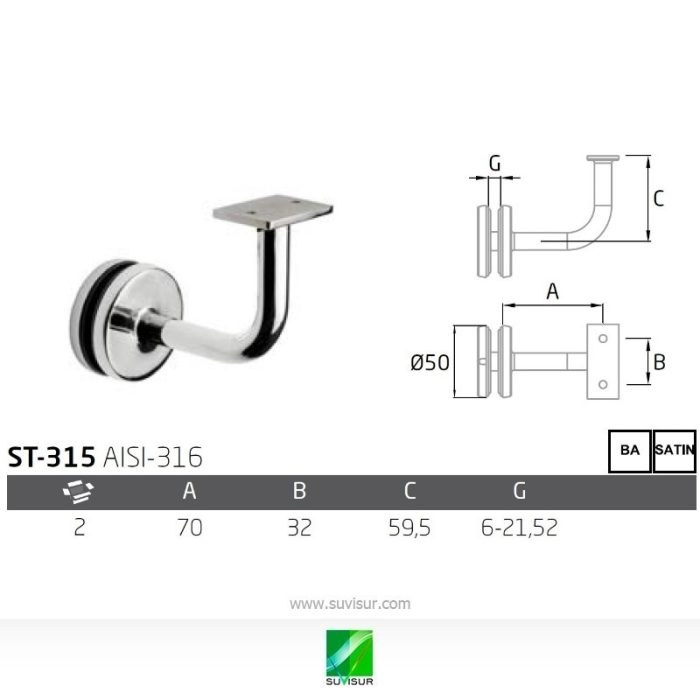 Soporte pasamanos vidrio tubo plano ST-315